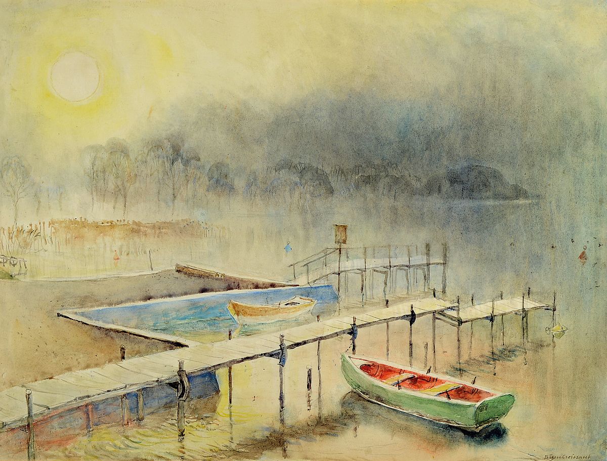 Eugen Croissant, 1868 Landau - 1976 Breitbrunn, Aquarell, früh-morgendliche Seenlandschaft, durch morgendlichen Nebel brechende Sonne bescheint ...