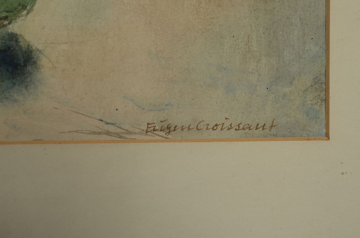 Detail a: Eugen Croissant, 1868 Landau - 1976 Breitbrunn, Aquarell, früh-morgendliche Seenlandschaft, durch morgendlichen Nebel brechende Sonne bescheint ...