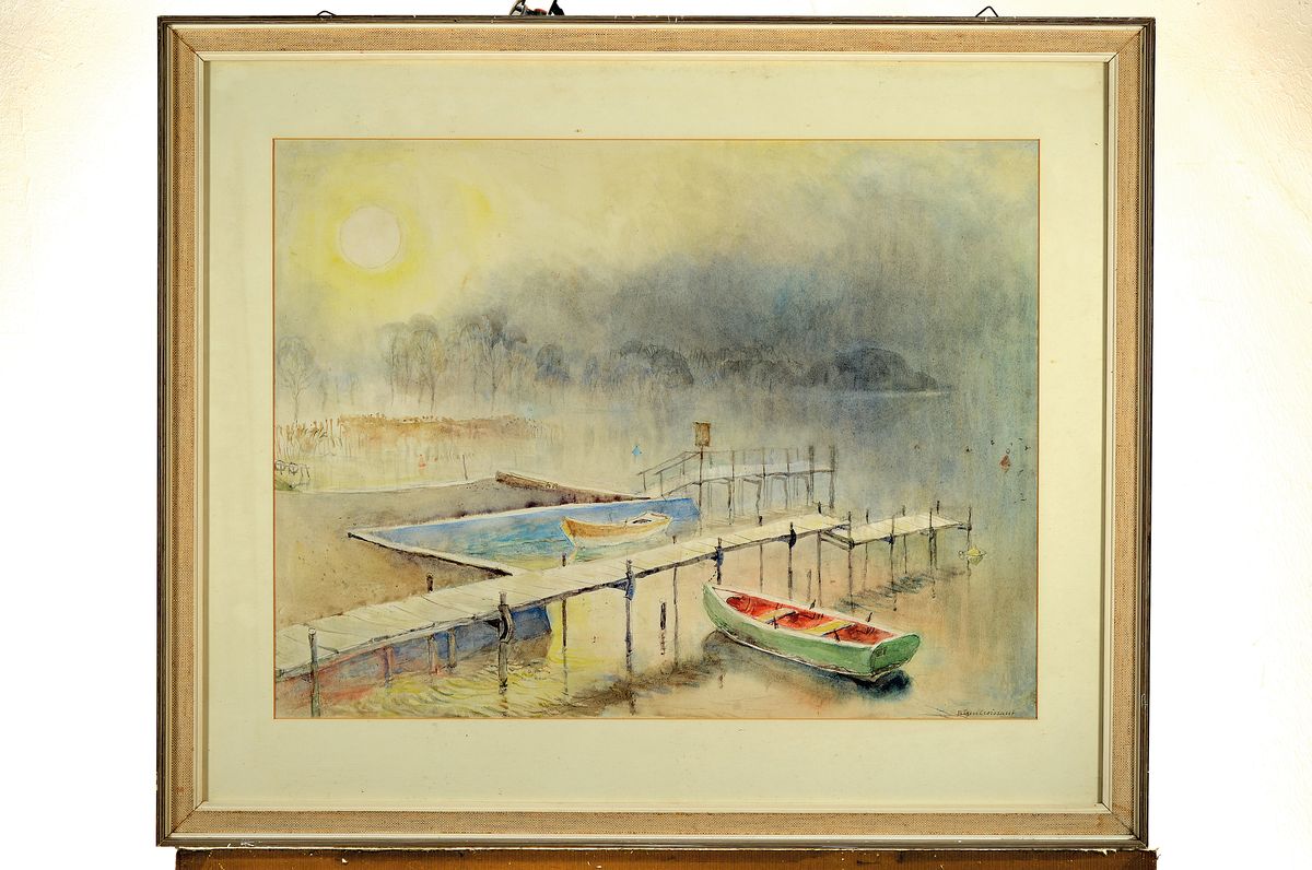 Detail k: Eugen Croissant, 1868 Landau - 1976 Breitbrunn, Aquarell, früh-morgendliche Seenlandschaft, durch morgendlichen Nebel brechende Sonne bescheint ...