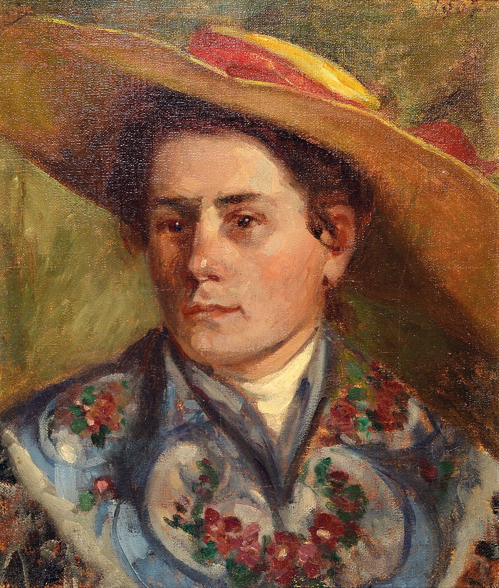 Nachfolge Wilhelm Trübner, Karlsruher Schule, dat. 1907, Porträt einer Frau mit Sonnenhut und buntem Tuch, Öl/Lwd, datiert, unsigniert, ...