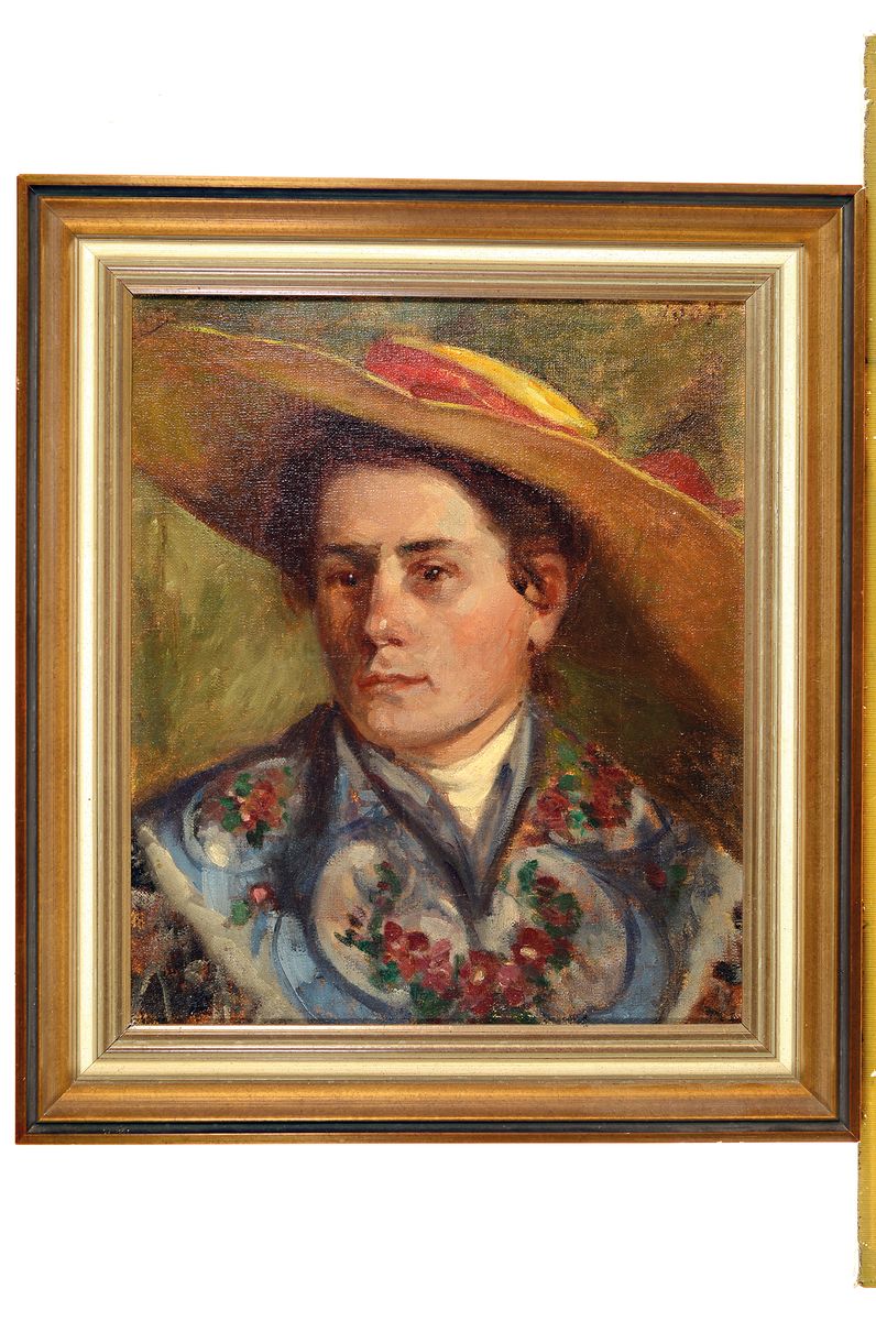 Detail k: Nachfolge Wilhelm Trübner, Karlsruher Schule, dat. 1907, Porträt einer Frau mit Sonnenhut und buntem Tuch, Öl/Lwd, datiert, unsigniert, ...