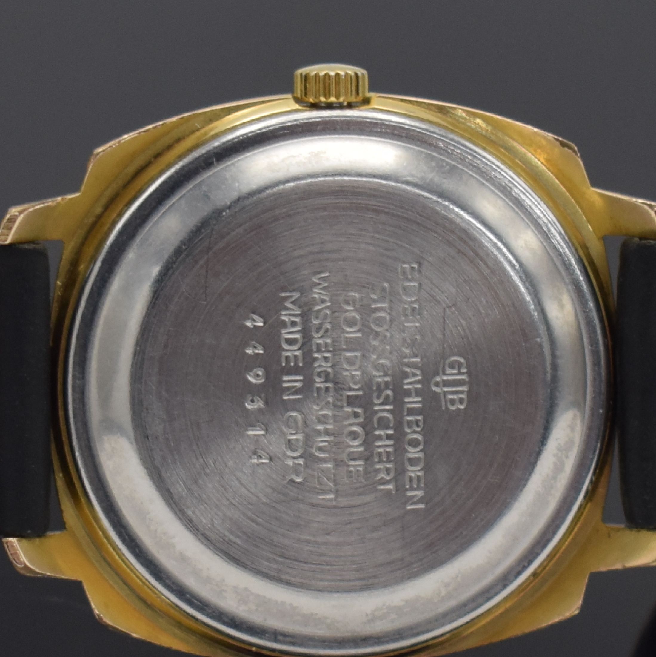 Detail f: GLASHÜTTE Spezimatic Herrenarmbanduhr mit seltenem Zifferblatt, DDR um 1975, Automatik, verg. Gehäuse, Stahlboden aufgedr., seltenes grünes, ...