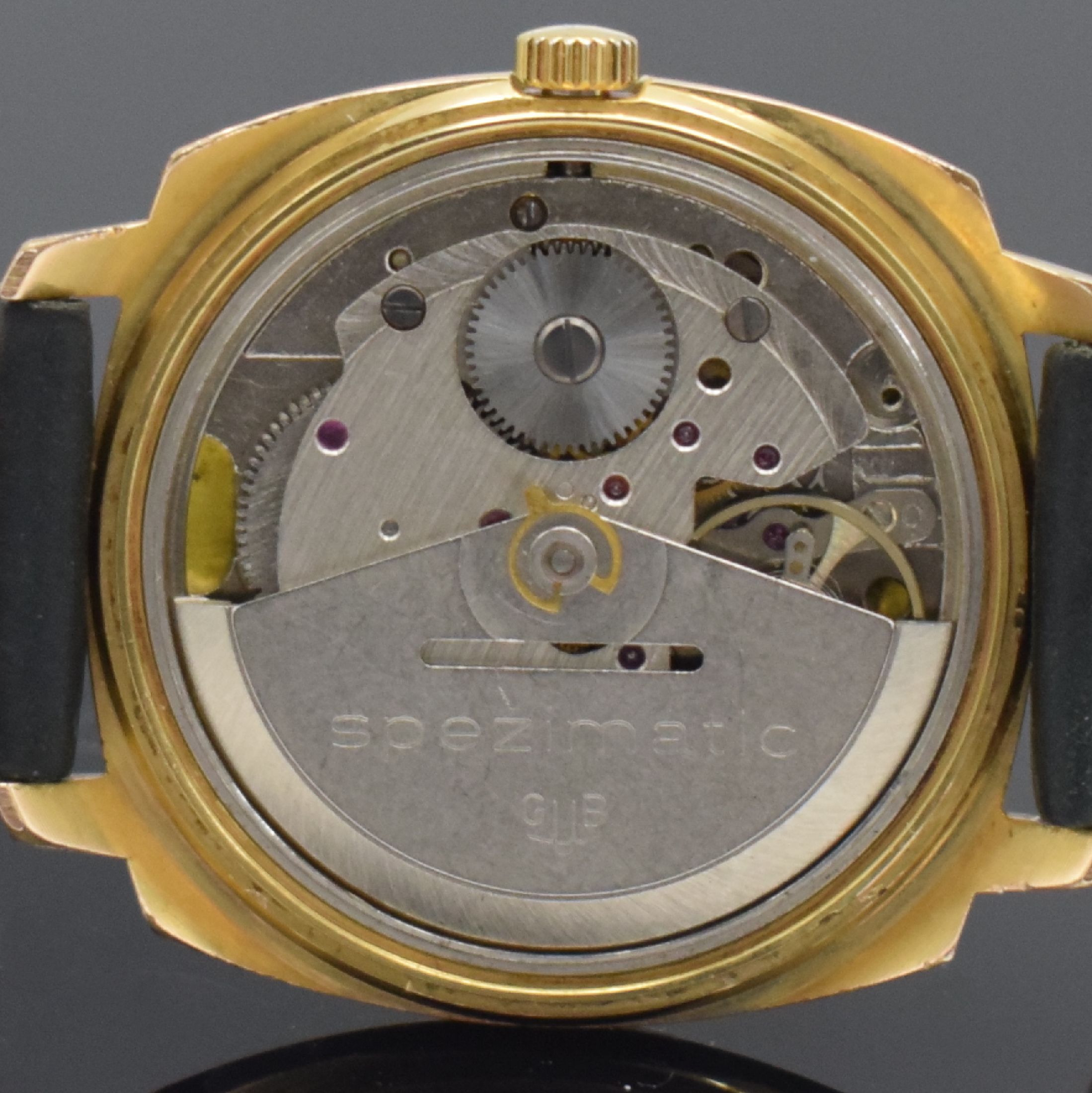 Detail g: GLASHÜTTE Spezimatic Herrenarmbanduhr mit seltenem Zifferblatt, DDR um 1975, Automatik, verg. Gehäuse, Stahlboden aufgedr., seltenes grünes, ...