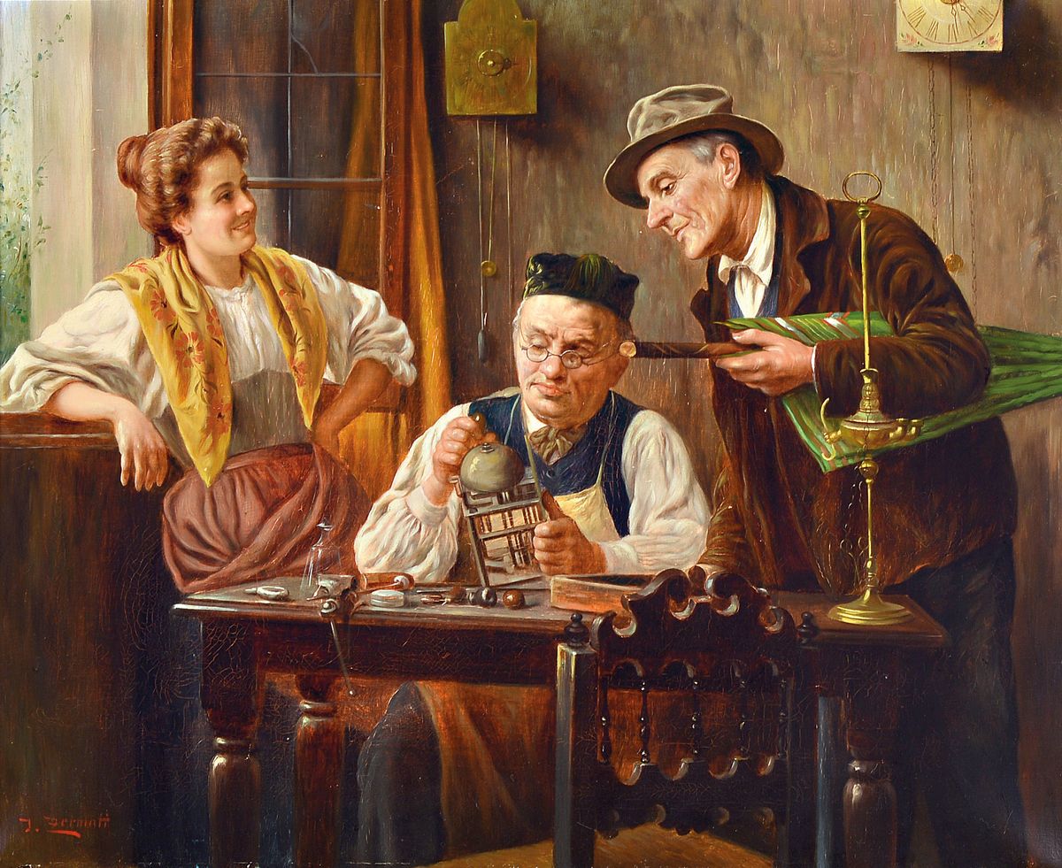 Jules Zermati, norditalienischer Maler, erw. um 1880-1920, In der Uhrmacherwerkstatt, Öl/Lwd, links unten signiert, feine detailreiche Malerei, gut ...