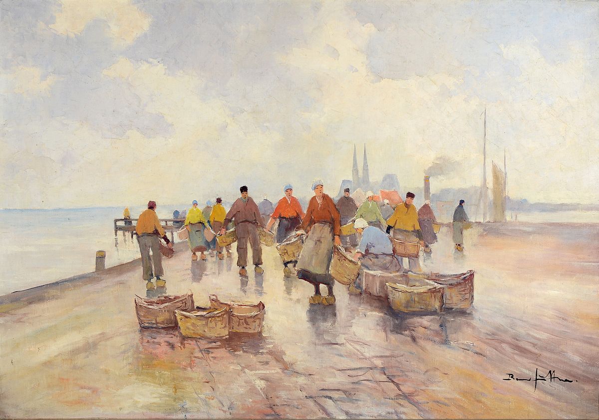 Bruno Jüttner, 1880-1965 Wernigerode, Heimgekehrte Fischer am Kai, Öl/Lwd, rechts unten signiert, ca. 80x100cm, R. ca. 98x118cm