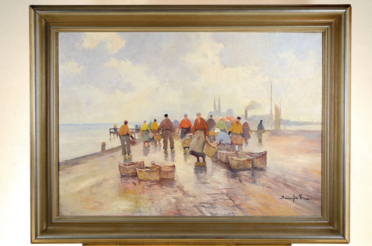 Detail k: Bruno Jüttner, 1880-1965 Wernigerode, Heimgekehrte Fischer am Kai, Öl/Lwd, rechts unten signiert, ca. 80x100cm, R. ca. 98x118cm