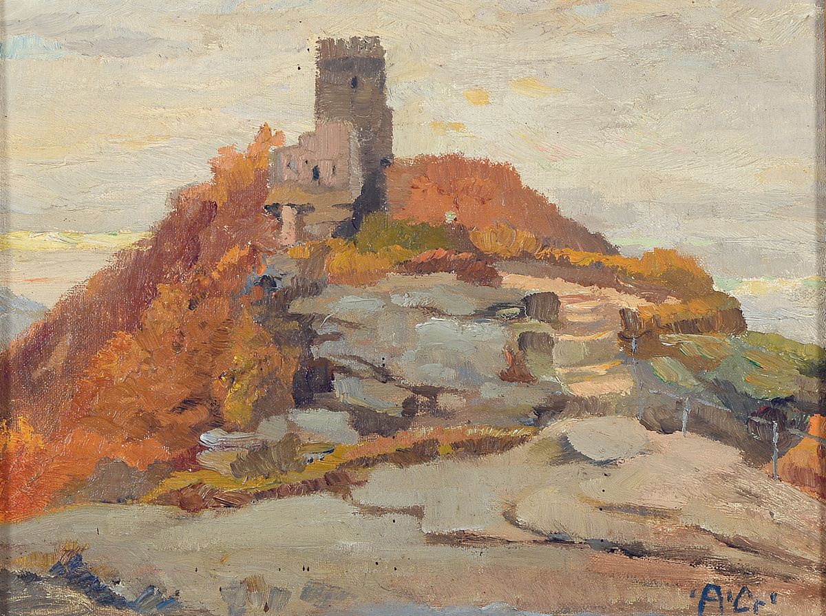 August Croissant, 1870 Edenkoben-1941 Landau, Studium an der Akademie München bei F. v. Stuck und F. v. Lenbach, hier: Pfälzische Burgruine im ...