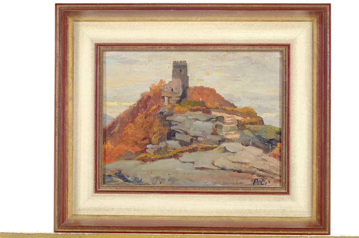 Detail k: August Croissant, 1870 Edenkoben-1941 Landau, Studium an der Akademie München bei F. v. Stuck und F. v. Lenbach, hier: Pfälzische Burgruine im ...