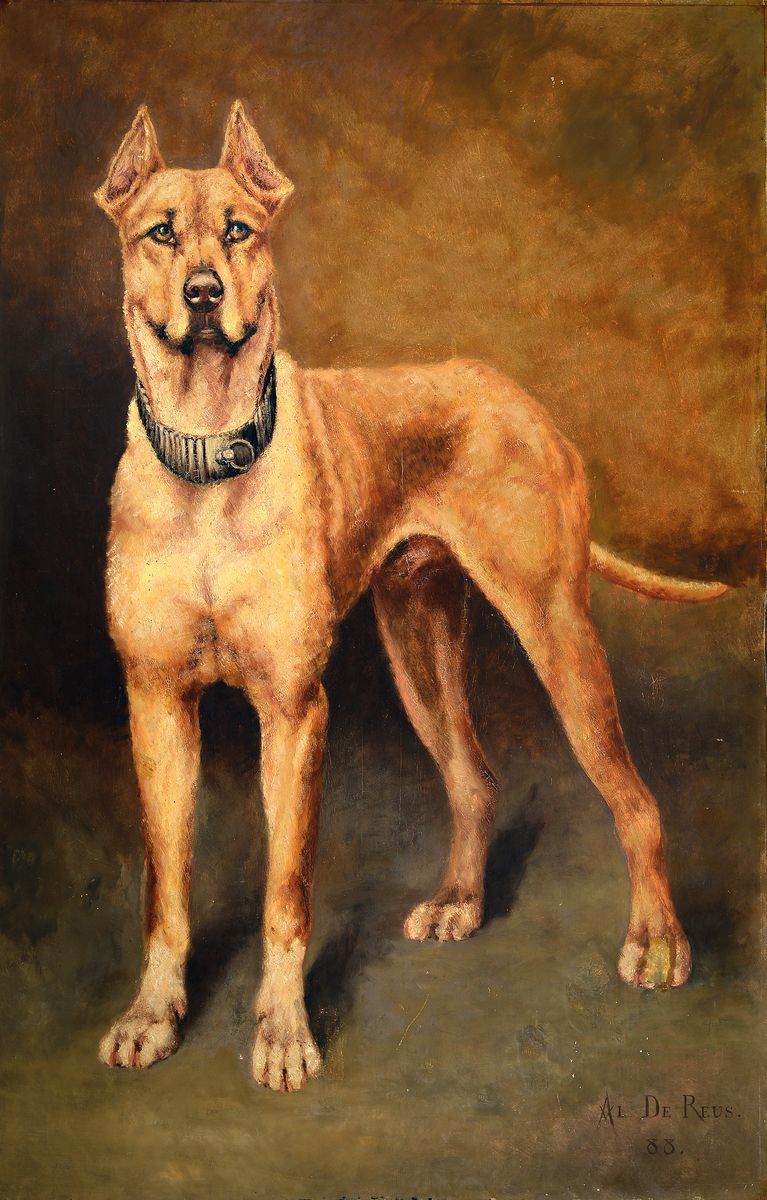 Alexis de Reus, 1848 Antwerpen-1918 Brüssel,bekannter belgischer Tiermaler, hier: Herrschaftliche Dogge in Lebensgröße, Öl/Lwd, rest., rechts ...