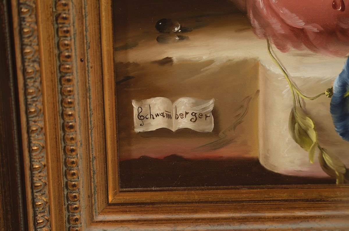 Detail a: Hildegrad Schwammberger, geb. 1950 Essen, Blumenstillleben, Öl/Lwd, signiert, ca. 41 x 31 cm, Rahmen, rückseitig bez. Anneodore auf Etikett