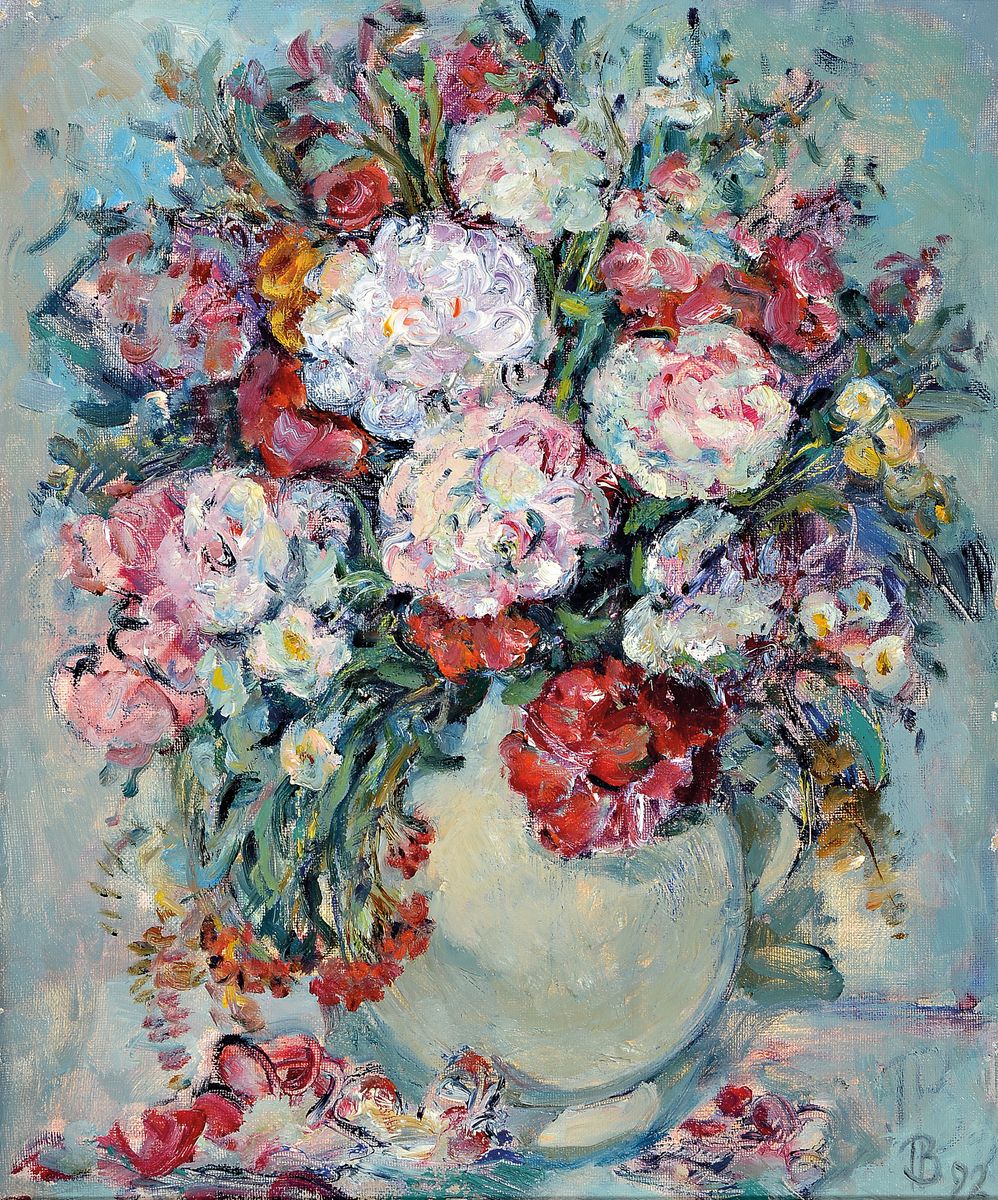 Vera Mikhailouna Pronina, geb. 1941, Stillleben mit Pfingstrosen, Öl/Lwd, rechts unten monogr., rückseitig signiert und dat. 1992, ca. 60x50cm, R. ...