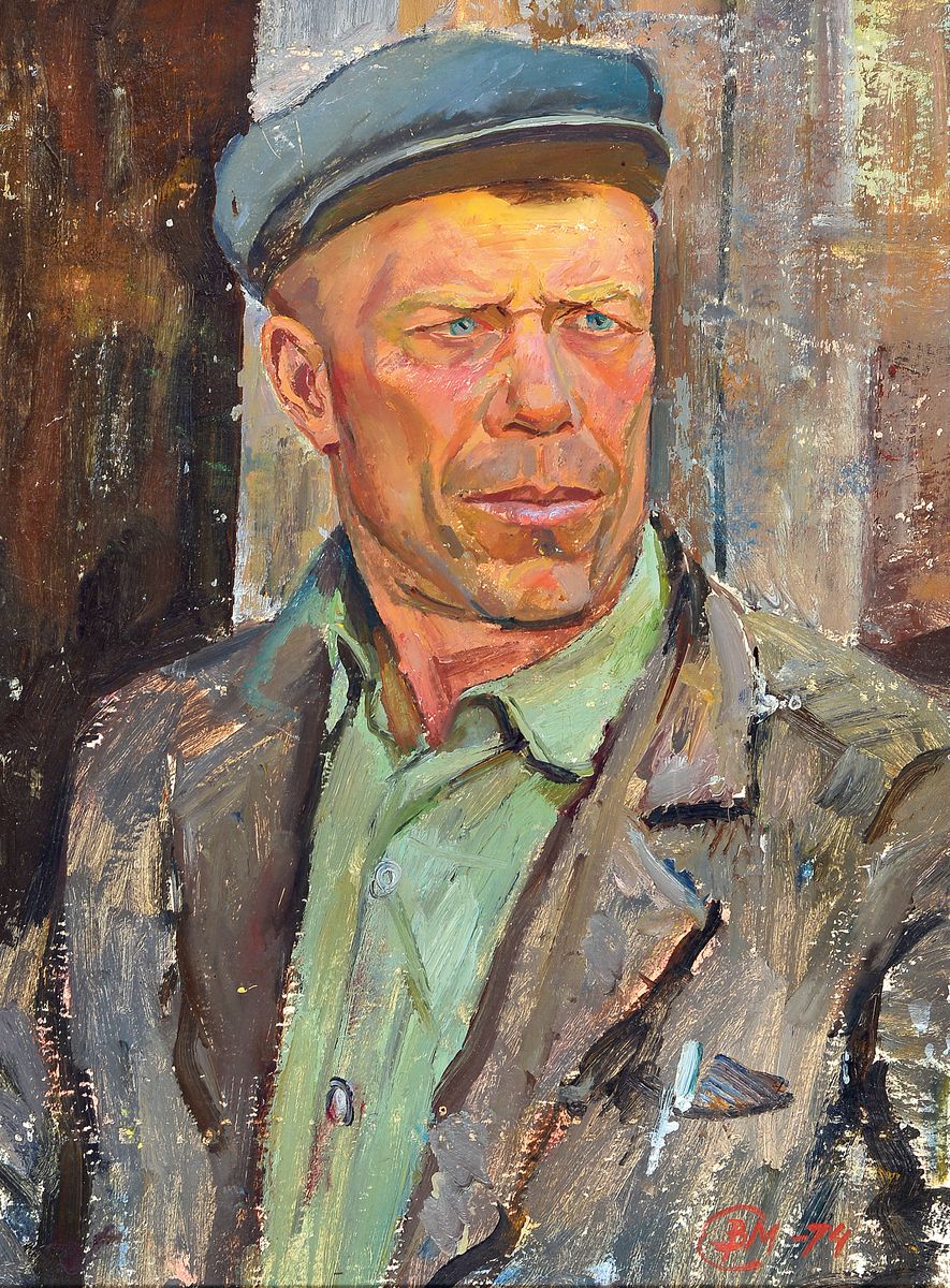W. Masurow, russischer Maler des 20. Jh., Der Kursker Bauer Moisejew, Öl/Malkarton, rechts unten monogr. und dat. 74, ca. 64x47cm, R. ca. 82x66cm