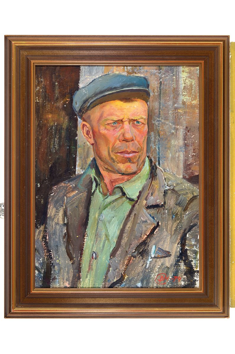 Detail k: W. Masurow, russischer Maler des 20. Jh., Der Kursker Bauer Moisejew, Öl/Malkarton, rechts unten monogr. und dat. 74, ca. 64x47cm, R. ca. 82x66cm
