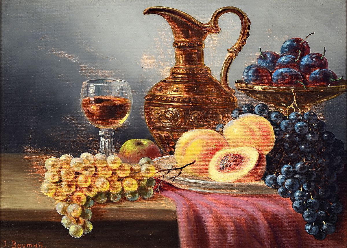 Josef Baumann, 1877 Ulm-1942 Ulm, hier 2 Pendants: Tischstillleben mit Obst und Weinflasche bzw. Tischstillleben mit Obst, Weinkrug und Glas, jeweils ...