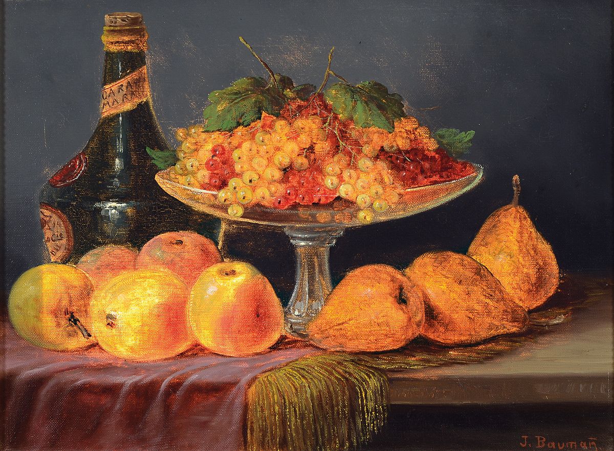 Detail a: Josef Baumann, 1877 Ulm-1942 Ulm, hier 2 Pendants: Tischstillleben mit Obst und Weinflasche bzw. Tischstillleben mit Obst, Weinkrug und Glas, jeweils ...