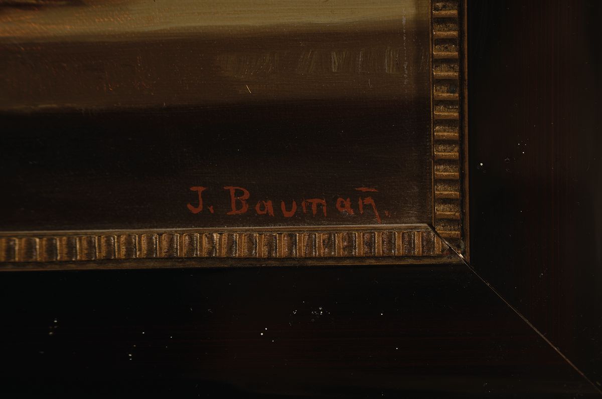 Detail b: Josef Baumann, 1877 Ulm-1942 Ulm, hier 2 Pendants: Tischstillleben mit Obst und Weinflasche bzw. Tischstillleben mit Obst, Weinkrug und Glas, jeweils ...