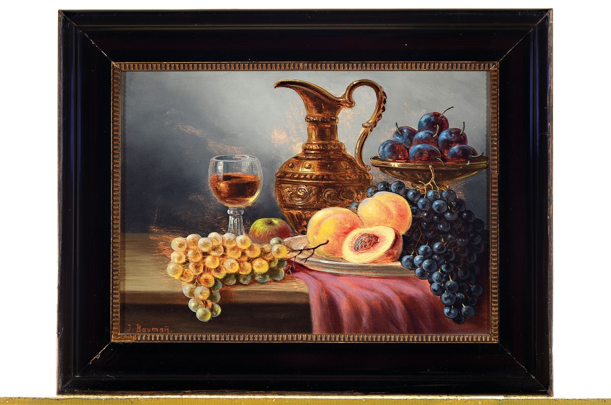 Detail k: Josef Baumann, 1877 Ulm-1942 Ulm, hier 2 Pendants: Tischstillleben mit Obst und Weinflasche bzw. Tischstillleben mit Obst, Weinkrug und Glas, jeweils ...