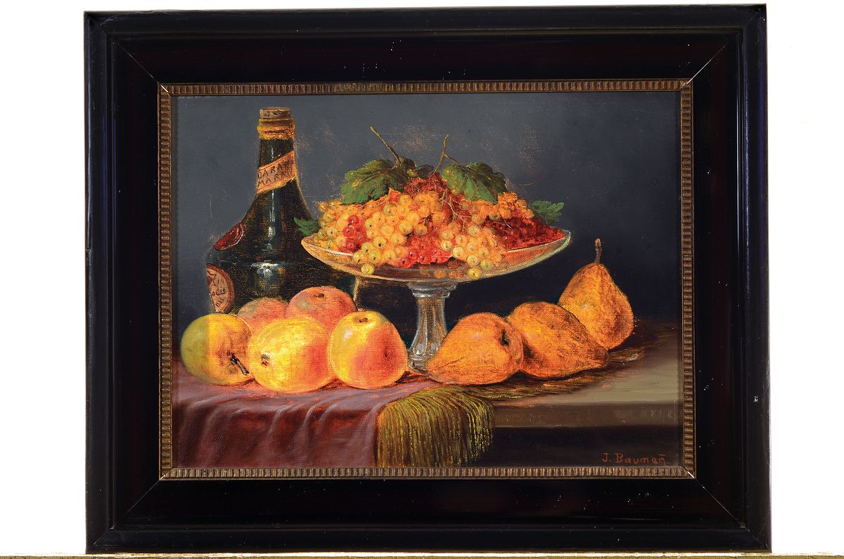 Detail l: Josef Baumann, 1877 Ulm-1942 Ulm, hier 2 Pendants: Tischstillleben mit Obst und Weinflasche bzw. Tischstillleben mit Obst, Weinkrug und Glas, jeweils ...