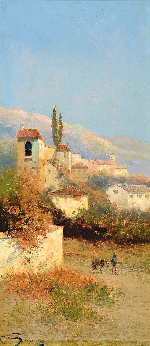 C. Santos, Maler des 19. Jh., Landschaft in Italien mit einem Eselführer, Öl/Lwd, links unten sign., ca. 55x25cm, goldfarbener Prunkstuckrahmen ...