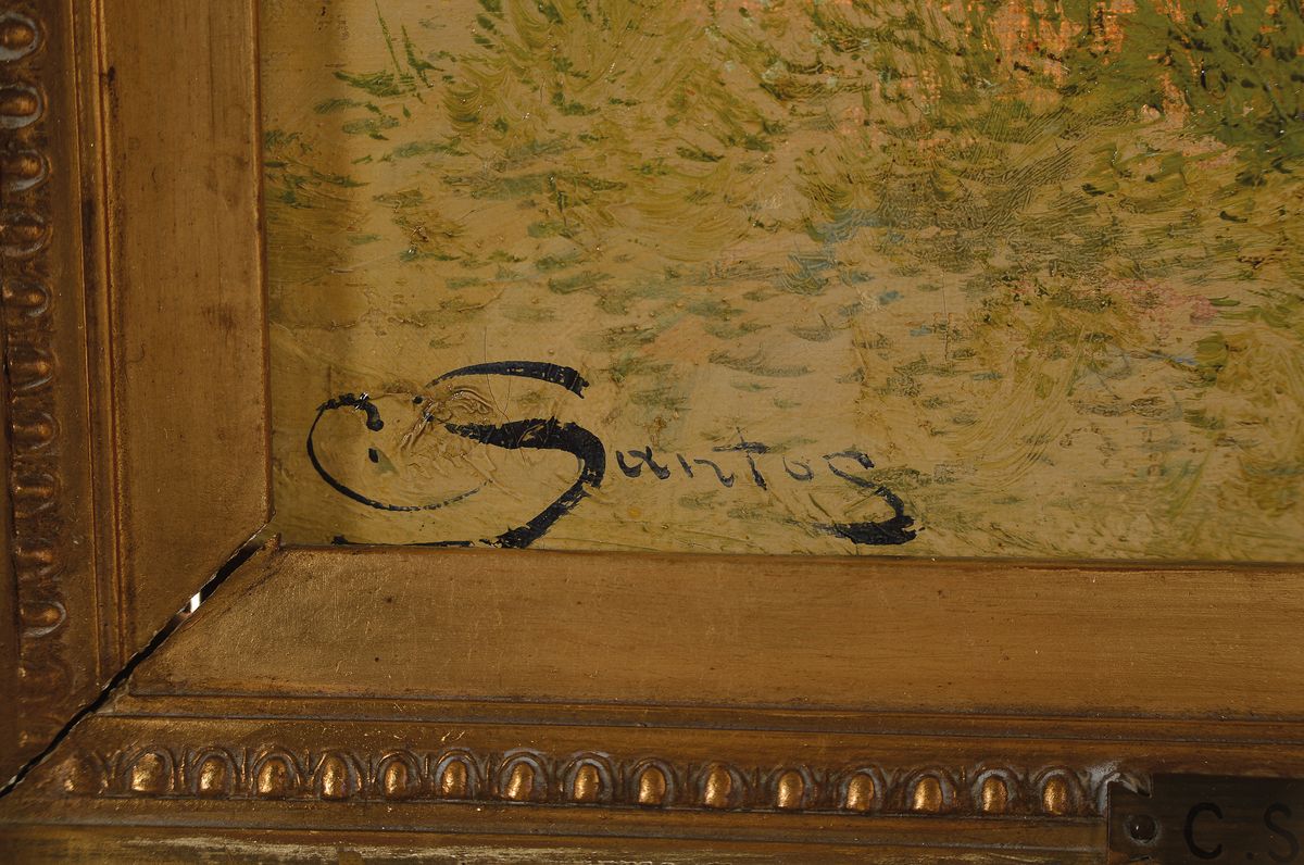 Detail a: C. Santos, Maler des 19. Jh., Landschaft in Italien mit einem Eselführer, Öl/Lwd, links unten sign., ca. 55x25cm, goldfarbener Prunkstuckrahmen ...