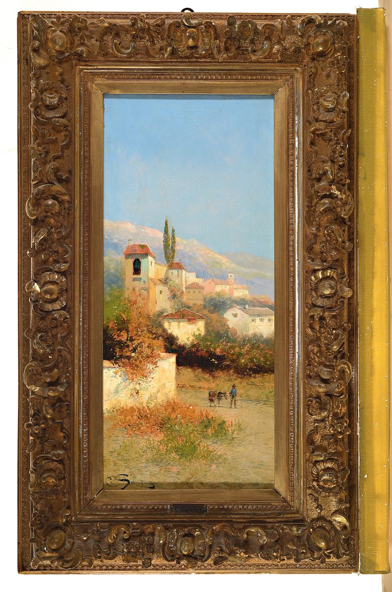 Detail k: C. Santos, Maler des 19. Jh., Landschaft in Italien mit einem Eselführer, Öl/Lwd, links unten sign., ca. 55x25cm, goldfarbener Prunkstuckrahmen ...