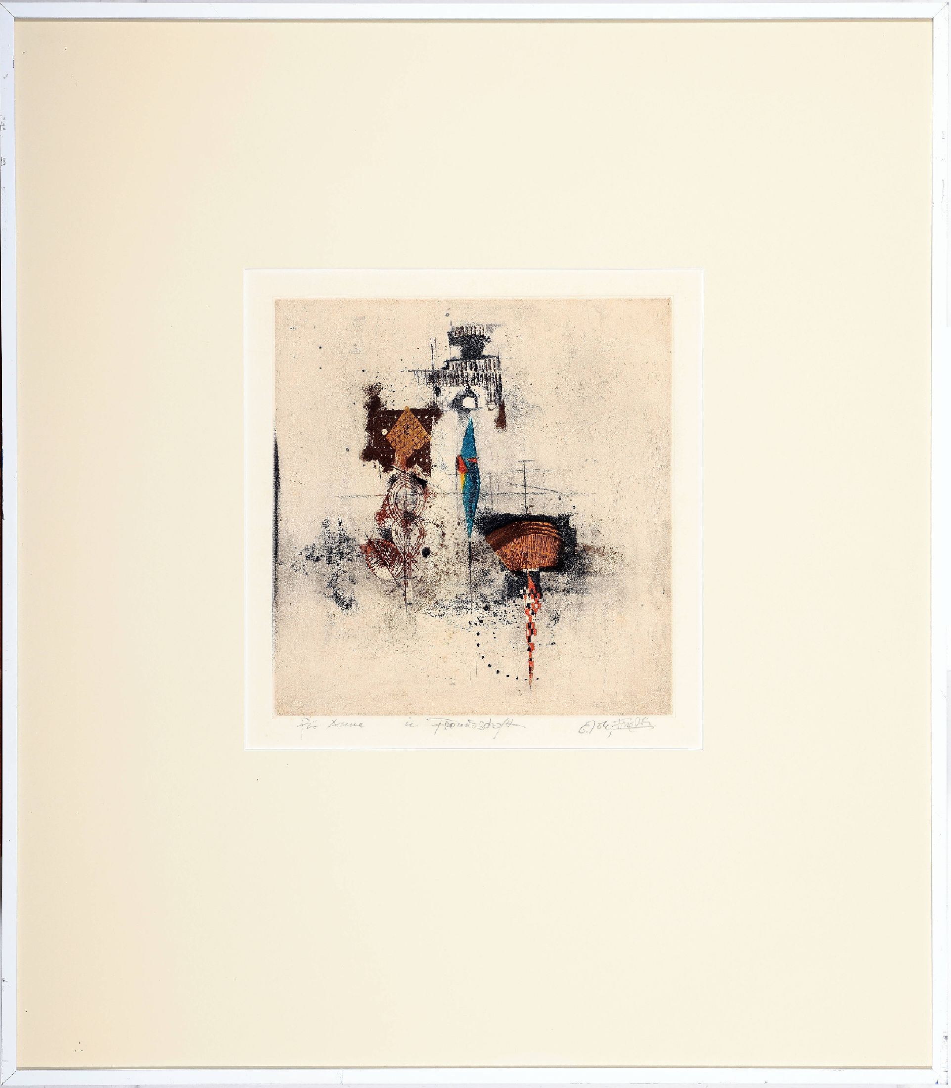 Johnny Friedländer, 1912 - 1995, Farbradierung, handsigniert, mit Widmung für Anne in Freundschaft, Plattenmaß ca. 29.5 x 28 cm, Gesamt ca. 75 x ...
