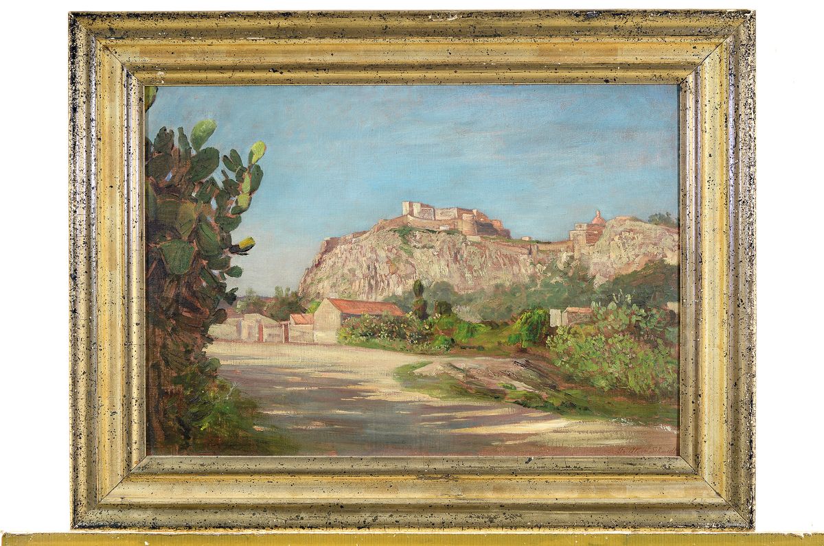 Detail k: Friedrich Albert Schmidt, 1846 Sundhausen-1916 Weimar, Burg von Mailazzo (Sizilien), rückseitig so betitelt, Öl/Malkarton, rechts unten signiert, ...