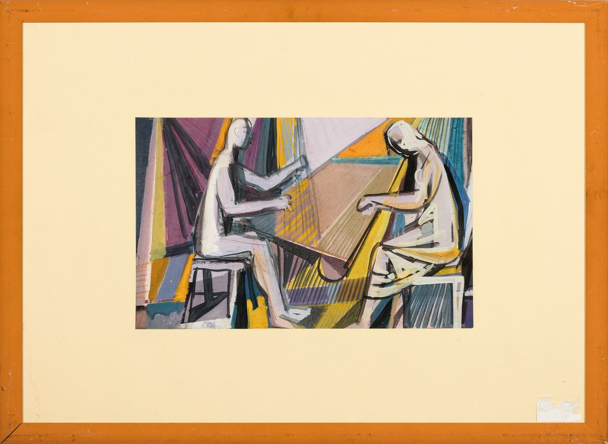 Detail k: Rolf Müller-Landau, 1903 Kayingchow-1956 Bad Bergzabern, zwei Figuren am Tisch, Gouache auf Papier, links unten monogr., ca. 26x41cm, PP, u.Gl., R. ...