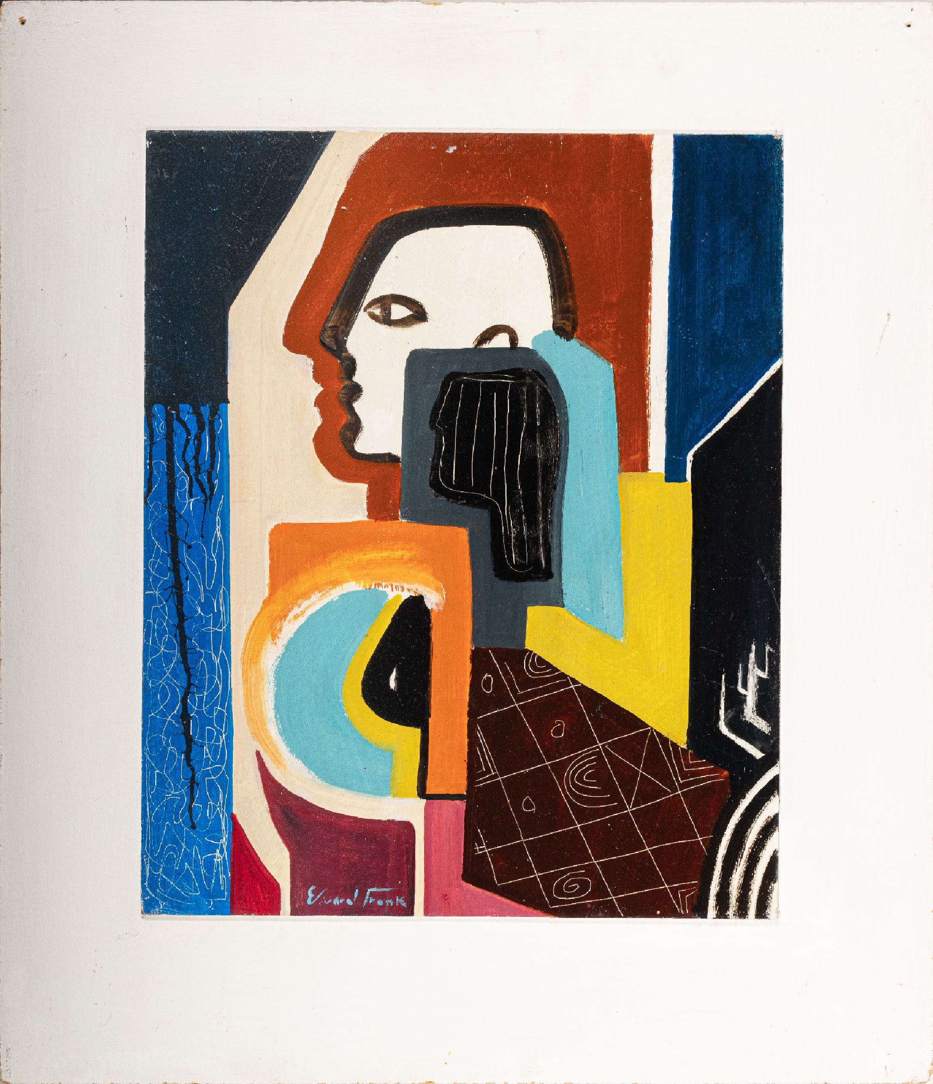 Edvard Frank, 1909 Korschenbroich-1972 Saarlouis, Abstrakt-Figurale Komposition, Öl/Hartfaser, links unten signiert, ca. 47x38cm, auf Spanplatte ...