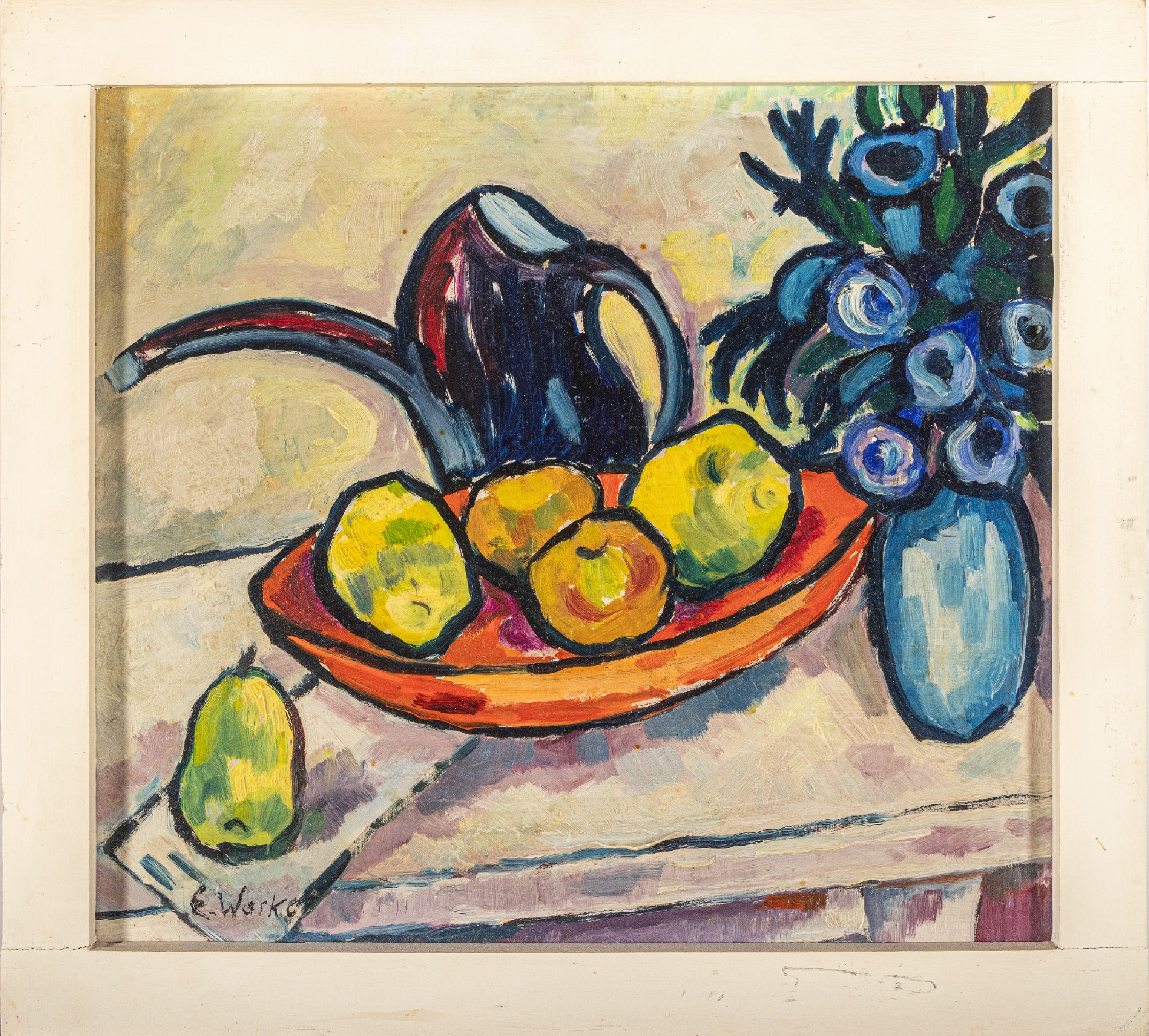 Erich Waske, 1889 Berlin-1978, Stillleben mit Blumen und Obst, Öl/Hartfaser, links unten signiert, ca. 40x44cm, R. ca. 46x50cm