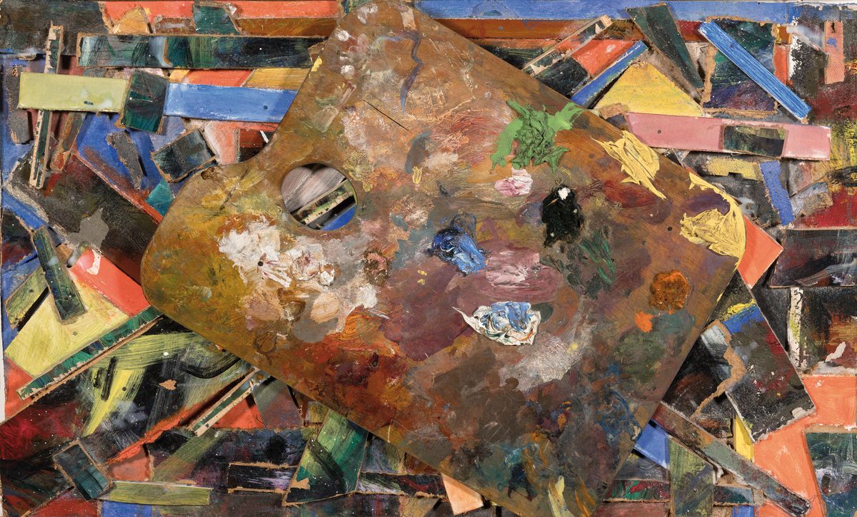 Eduard Micus, 1925-2000, Collage mit bemalten Holzstücken und Malerpalette mit Farben, rückseitig signiert, ca. 60x27cm