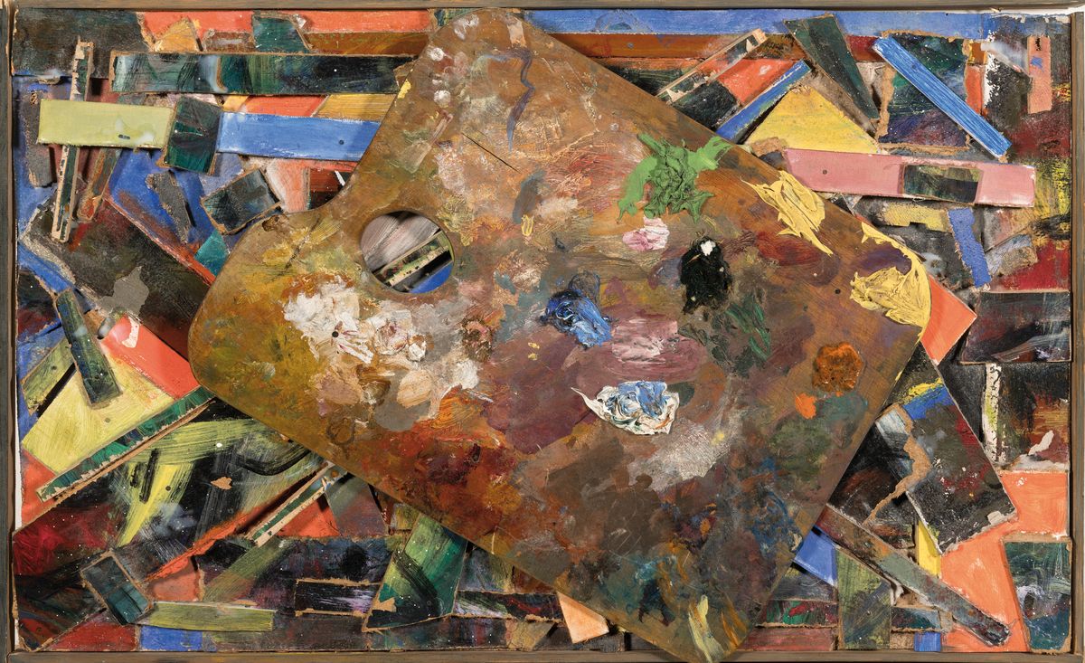 Detail k: Eduard Micus, 1925-2000, Collage mit bemalten Holzstücken und Malerpalette mit Farben, rückseitig signiert, ca. 60x27cm