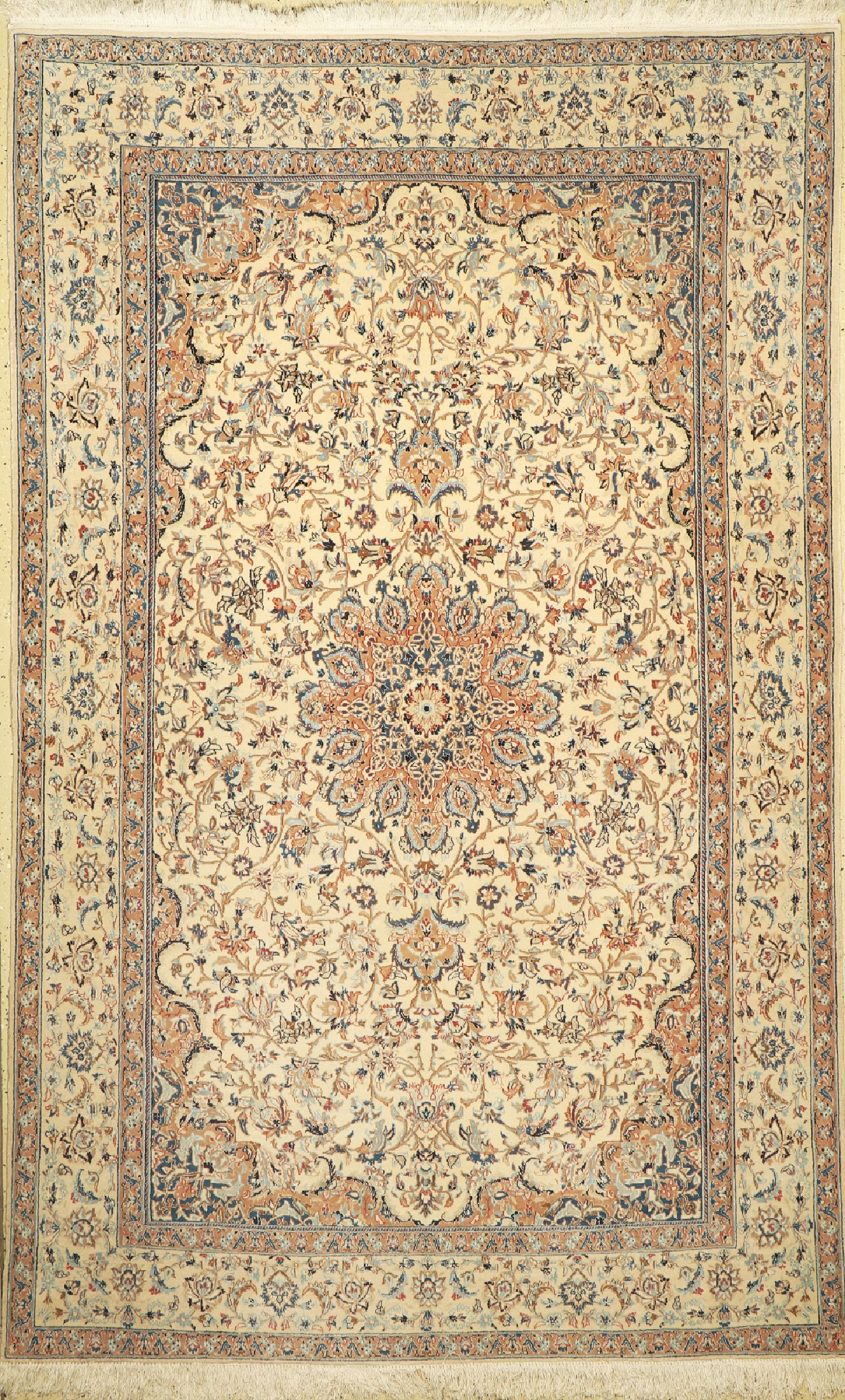 Nain fein(9 La), Persien, um 1950, Korkwolle mit Seide, ca. 275 x 173 cm, ca. 500.000 Kn/qm, (Mottenfraß an dem Ränder), EHZ: 1-2