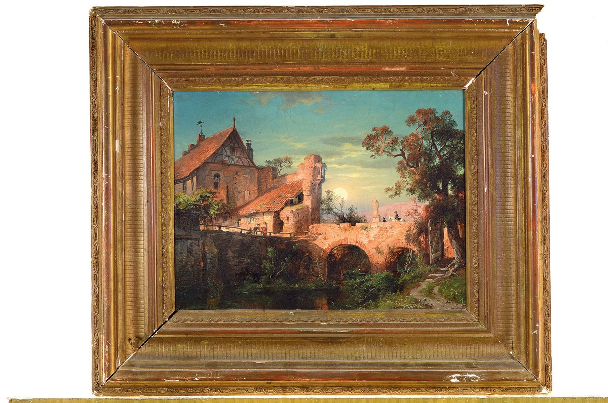 Detail k: Unbekannter Künstler, 2. Hälfte 19. Jh., idyllische Mondlandschaft mit Brücke und mittelalterlicher Stadt, Reiter zu Pferd und Personen, Öl/Lwd, ...