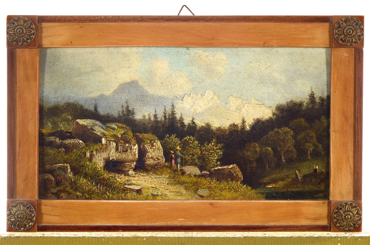 Detail k: Unbekannter Künstler des 19.Jh., Münchner Schule, zwei spätromantische Landschaften, die Milseburg in der Rhön und Voralpenlandschaft, je auf ...