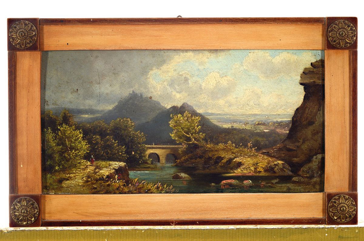Detail l: Unbekannter Künstler des 19.Jh., Münchner Schule, zwei spätromantische Landschaften, die Milseburg in der Rhön und Voralpenlandschaft, je auf ...