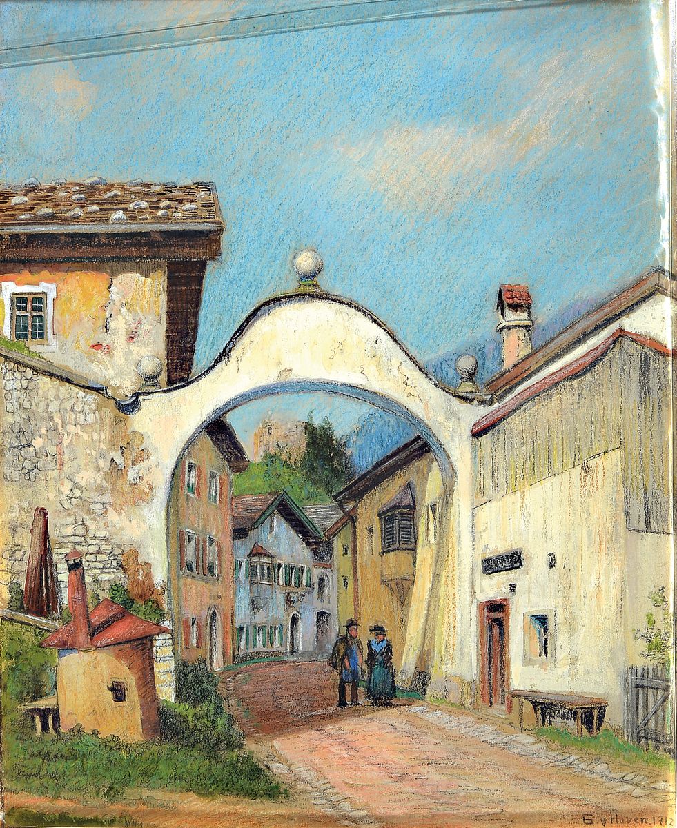 Gottfried von Hoven, 1868 Frankfurt am Main-1921 München, sich unterhaltende Personen unter einem Torbogen, Pastell auf Papier, rechts unten ...