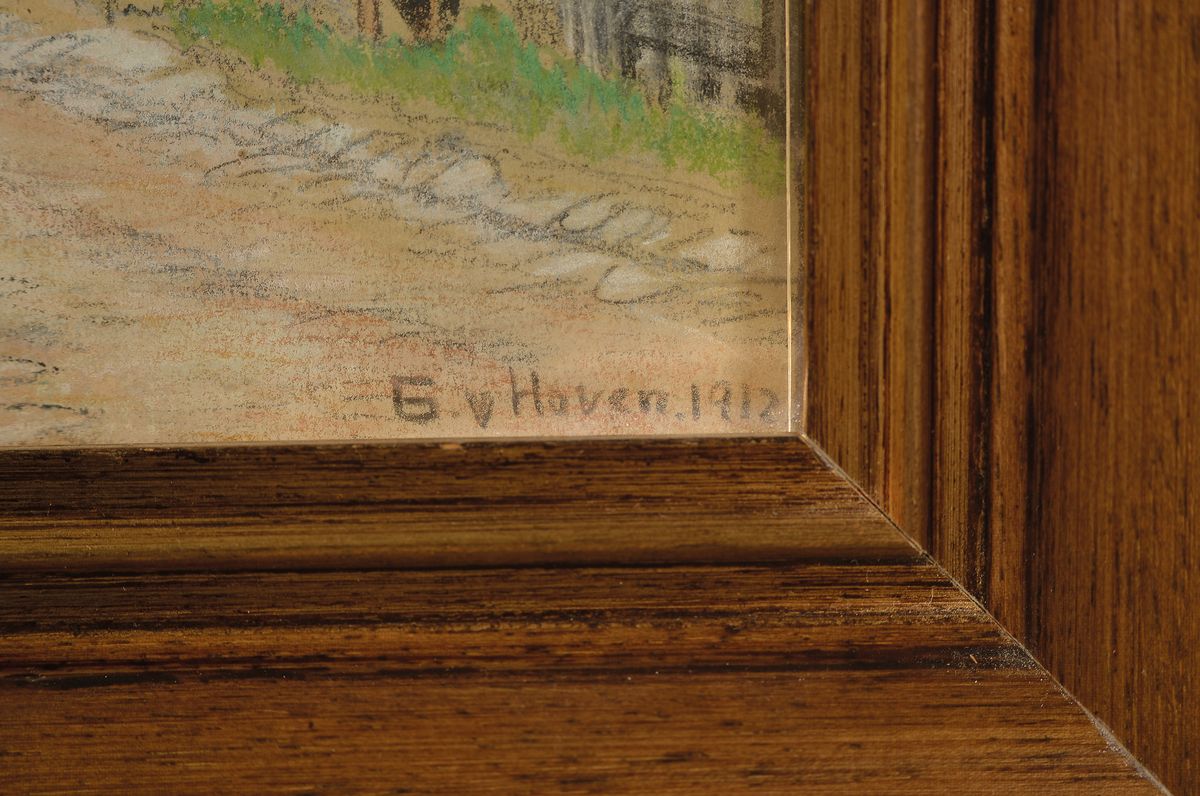 Detail a: Gottfried von Hoven, 1868 Frankfurt am Main-1921 München, sich unterhaltende Personen unter einem Torbogen, Pastell auf Papier, rechts unten ...