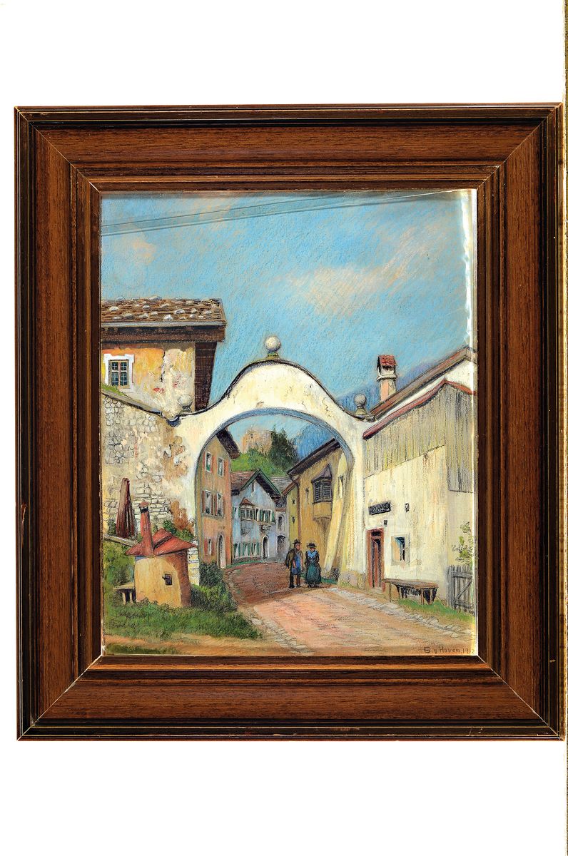 Detail k: Gottfried von Hoven, 1868 Frankfurt am Main-1921 München, sich unterhaltende Personen unter einem Torbogen, Pastell auf Papier, rechts unten ...