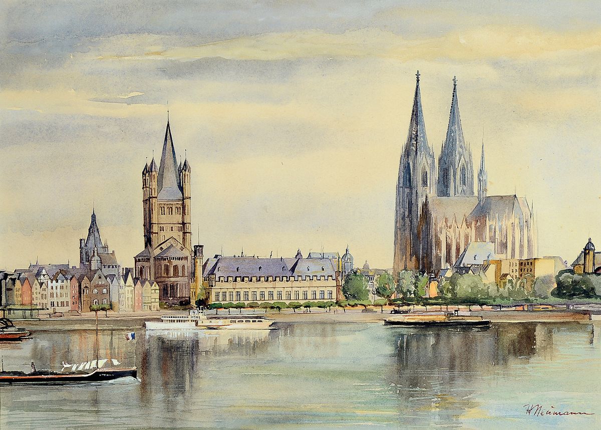 Hans Neumann, 1873 Kassel-1957 München, Blick über den Rhein auf Köln, Aquarell auf Papier, rechts unten signiert, ca. 40x55cm, PP, u.Gl., R. ca. ...