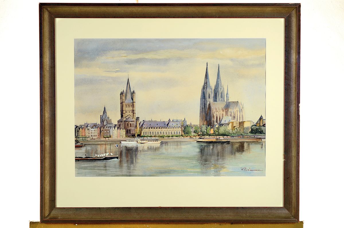 Detail k: Hans Neumann, 1873 Kassel-1957 München, Blick über den Rhein auf Köln, Aquarell auf Papier, rechts unten signiert, ca. 40x55cm, PP, u.Gl., R. ca. ...