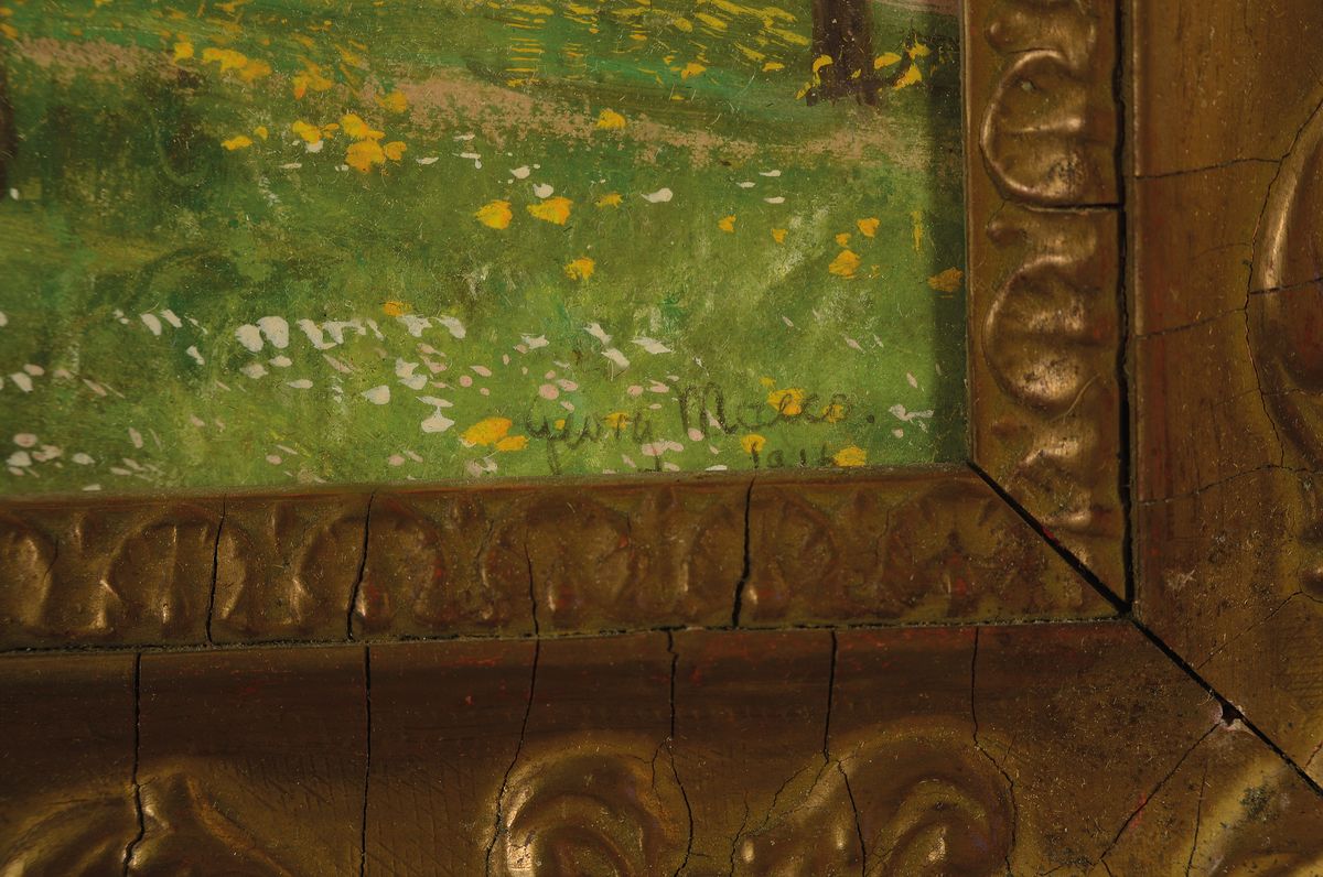Detail a: Georg Macco, 1863 Aachen-1933 Genua, Hühner unter blühenden Bäumen vor einem Dorf, Pastell auf Papier, links oben kleine Farbfehlstellen, rechts ...