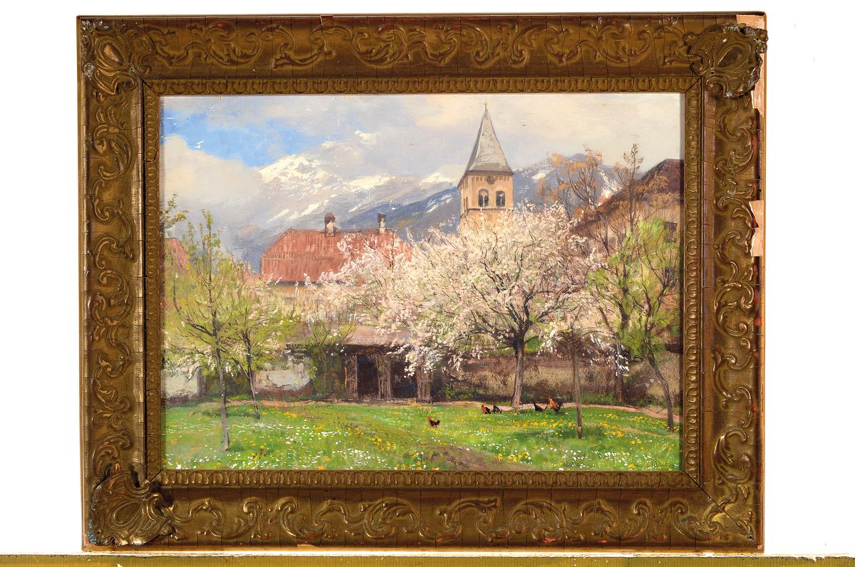 Detail k: Georg Macco, 1863 Aachen-1933 Genua, Hühner unter blühenden Bäumen vor einem Dorf, Pastell auf Papier, links oben kleine Farbfehlstellen, rechts ...