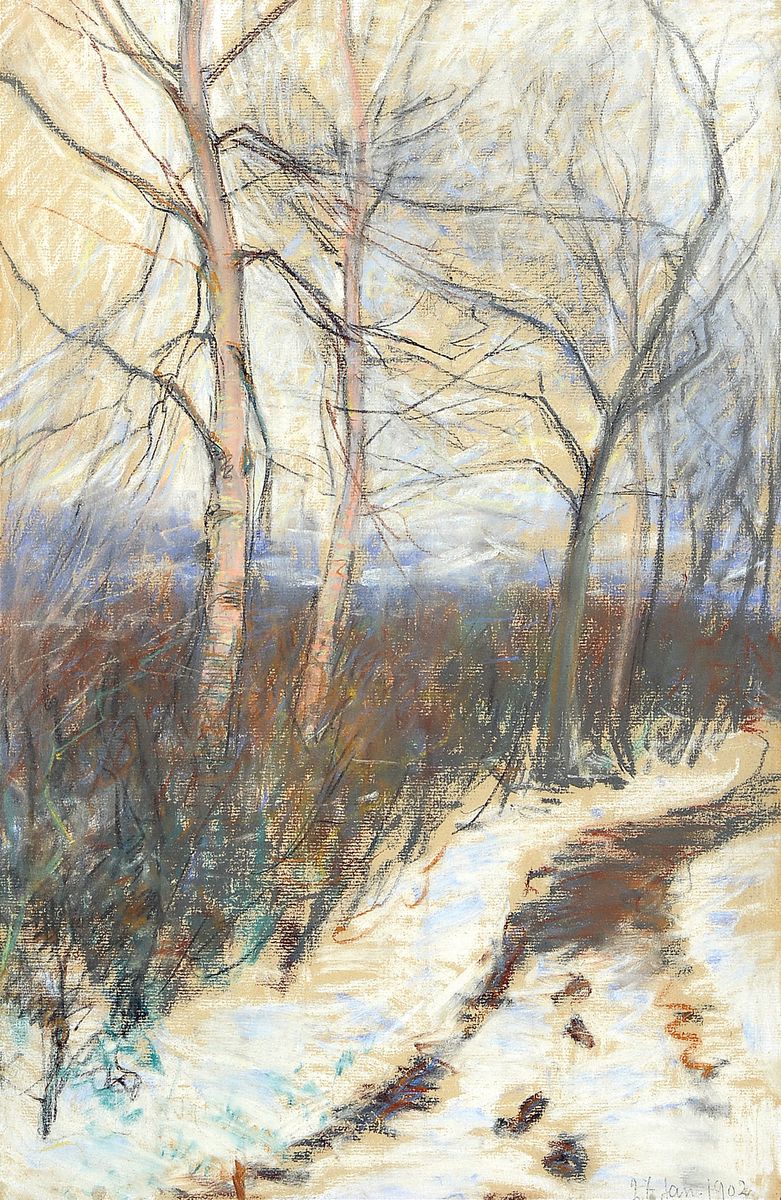 Zuschreibung: Frans Proost, 1866 Antwerpen-1941, Winterlicher Wald, Pastell auf Papier, rechts unten datiert 27.Jan.1902, rückseitig auf altem ...