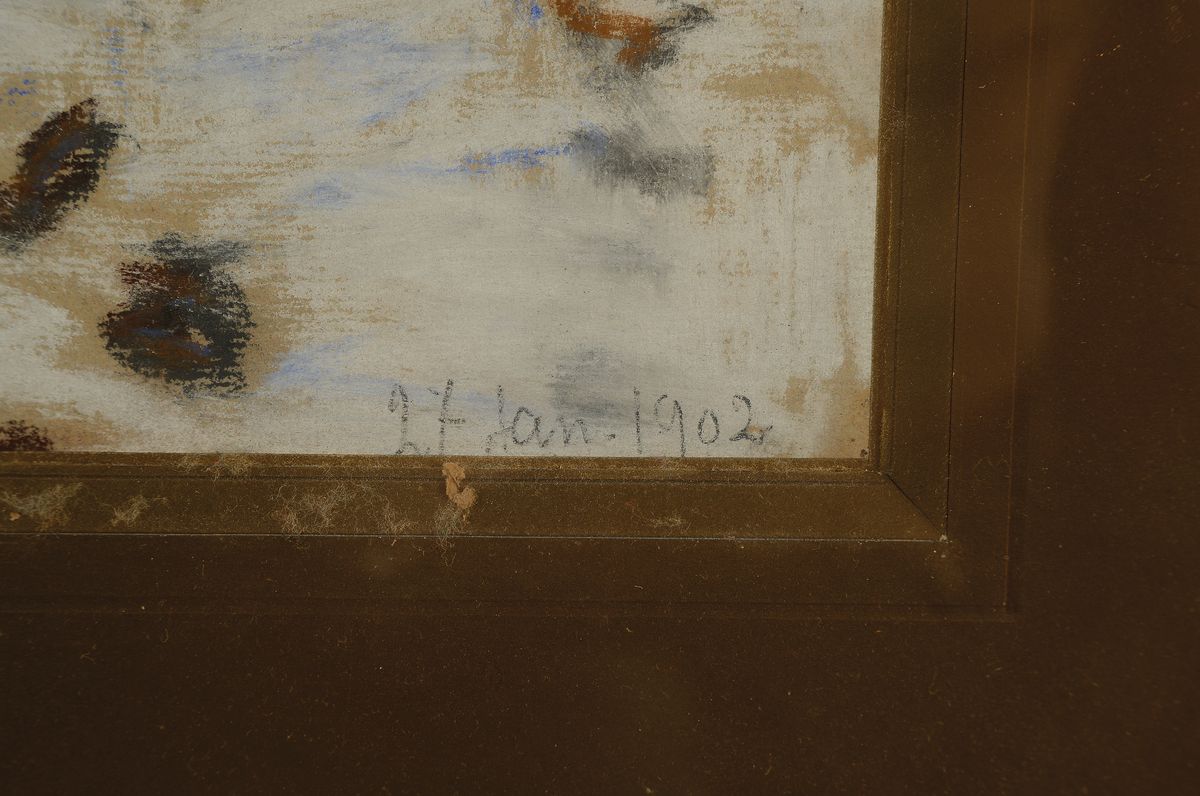 Detail a: Zuschreibung: Frans Proost, 1866 Antwerpen-1941, Winterlicher Wald, Pastell auf Papier, rechts unten datiert 27.Jan.1902, rückseitig auf altem ...