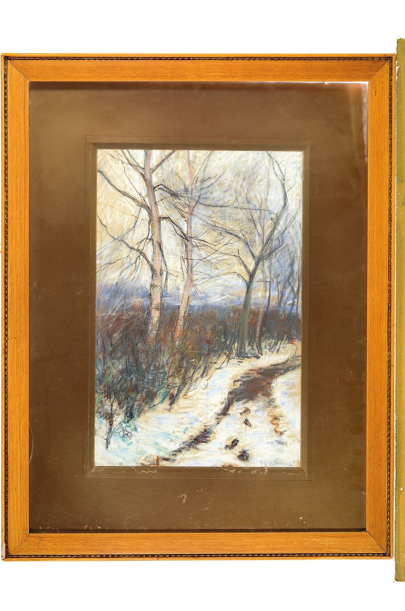 Detail k: Zuschreibung: Frans Proost, 1866 Antwerpen-1941, Winterlicher Wald, Pastell auf Papier, rechts unten datiert 27.Jan.1902, rückseitig auf altem ...