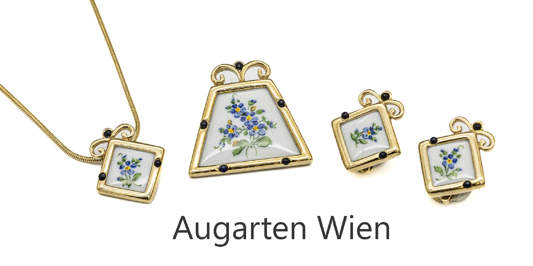 Schmuckset mit Porzellanmalerei, 925er Silber verg., Manufaktur Augarten Wien, best. aus: Brosche/Anhänger, ca. 3.7 x 3.5 cm, 1 Anhänger an ...