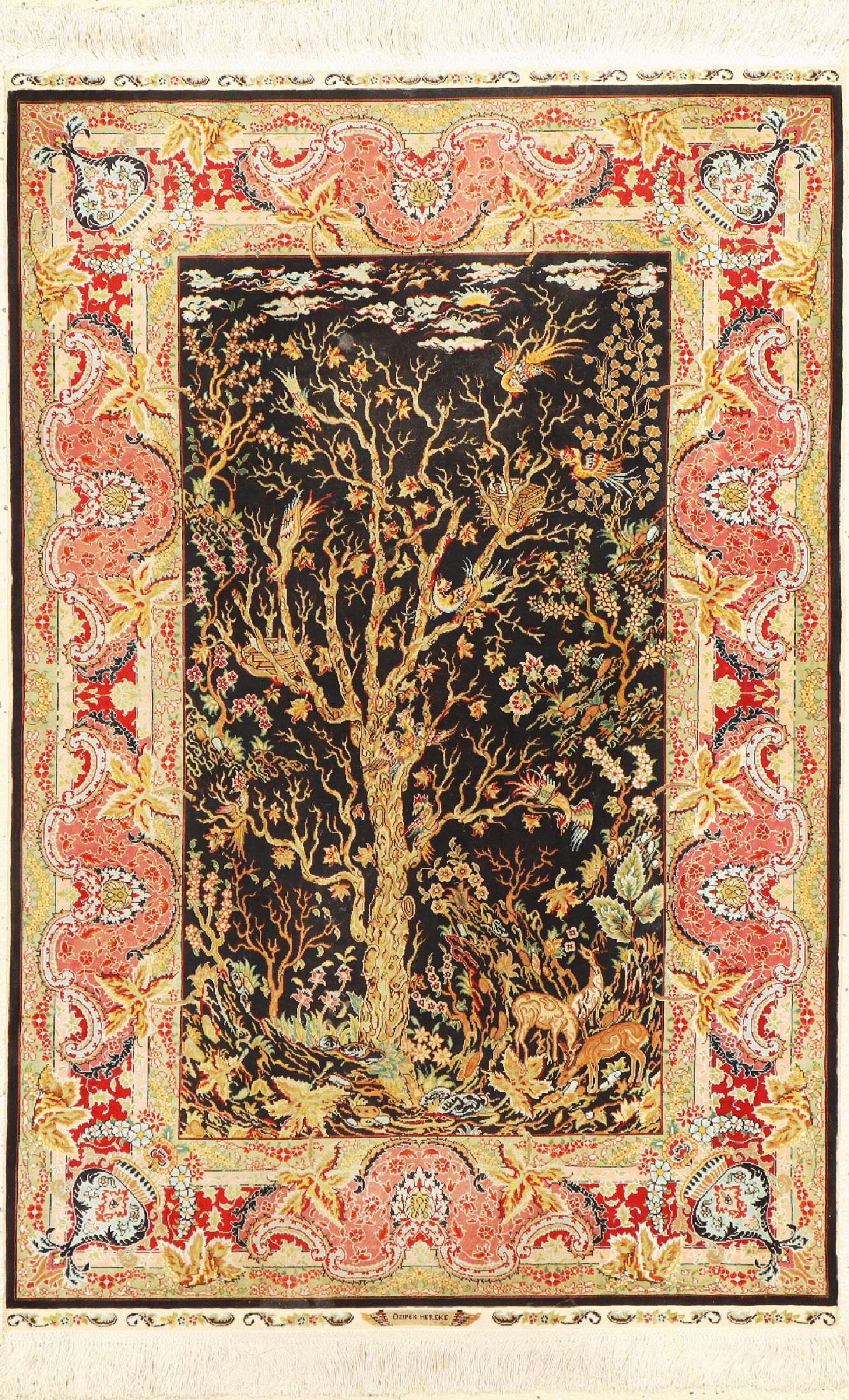 Hereke Seide fein, Türkei, signiert(Özipek), um 1960, reine Naturseide, ca. 120 x 83 cm, ca. 1,0 Mio. Kn/qm, EHZ: 1-2(verschmutzt)