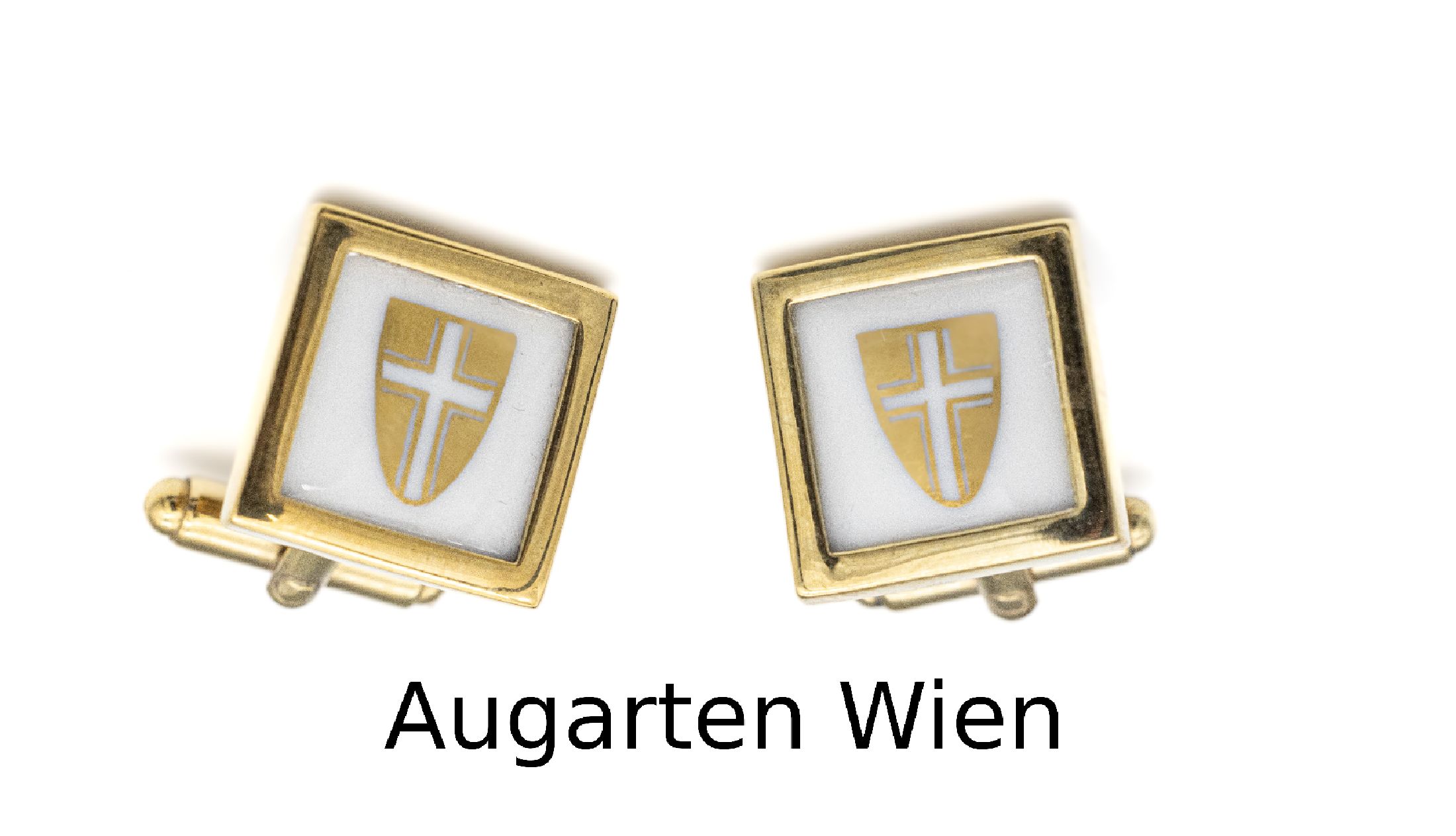 Paar Manschettenknöpfe mit Porzellanmalerei, 925er Silber verg., Manufaktur Augarten Wien, Darstellung des Wiener Wappens in Gold auf weißem ...