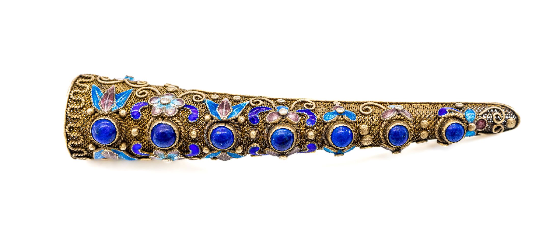 Lapislazuli-Email-Brosche, Silber verg., China 1950er-60er Jahre, Filigranarbeit, florale Elemente emailliert in hellblau, dunkelblau und lila, L. ...